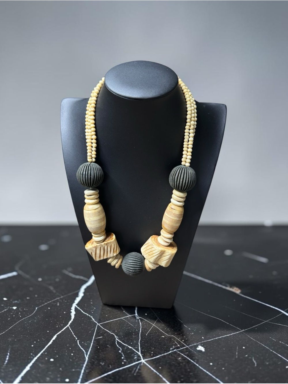 Natural Wood and Black Bead Statement Necklace